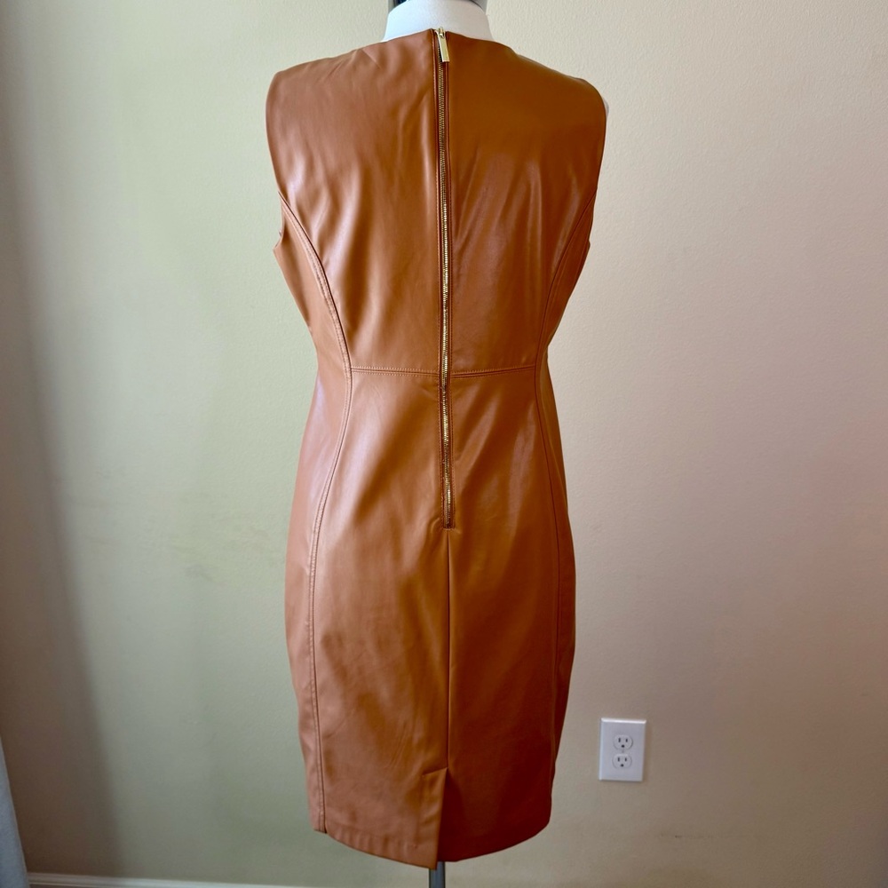 CALVIN KLEIN Sleeveless Faux Leather Dress Size 14 Camel Tan - Picture 8 of 15